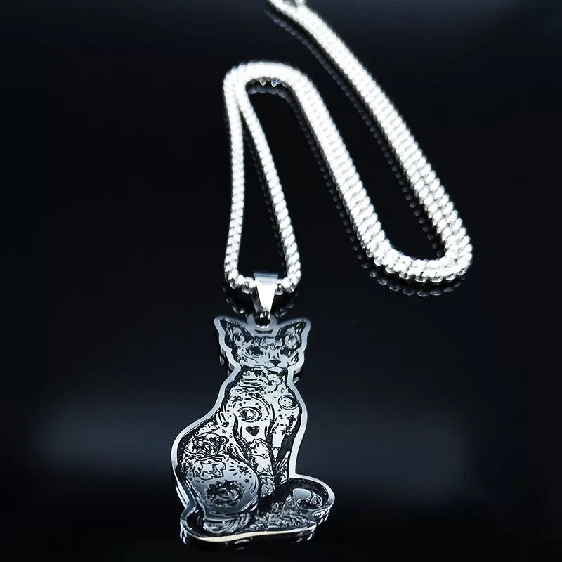 Unisex Astrology Tattooed Sphinx Cat Necklace - Stainless Steele