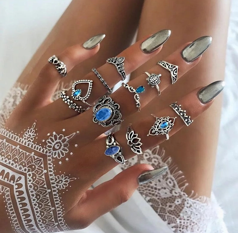 Blue Namaste Bohmian Fashion Ring Set