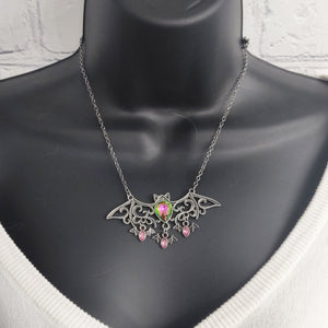 Mama Bat Pink & Green Antiqued Silvertone Necklace