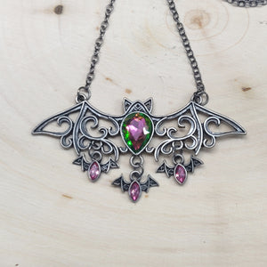 Mama Bat Pink & Green Antiqued Silvertone Necklace