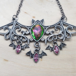 Mama Bat Pink & Green Antiqued Silvertone Necklace