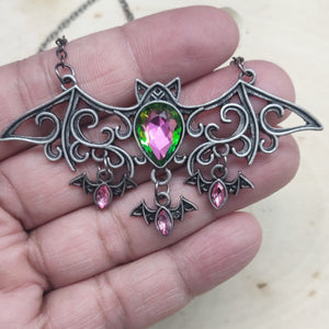 Mama Bat Pink & Green Antiqued Silvertone Necklace