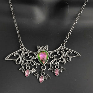 Mama Bat Pink & Green Antiqued Silvertone Necklace