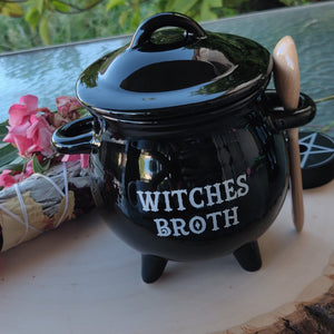 Witches Broth Cauldron Soup Bowl with Broom Spoon