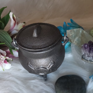 ☽🌑☾ Triple Moon Mini Cast Iron Cauldron with Lid - Small